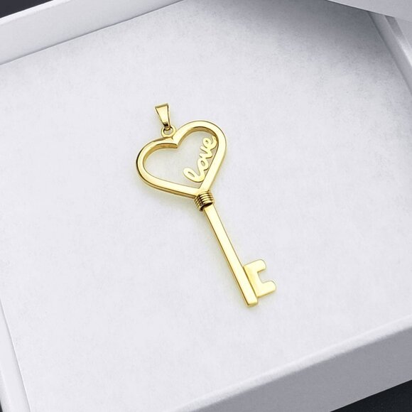 Heart & Cursive Script Love Promise Skeleton Key Charm 14k Yellow Gold Pendant